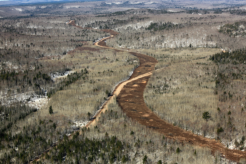 Aerial photo of the Lundin Eagle Mine haul road construction in late May 2014