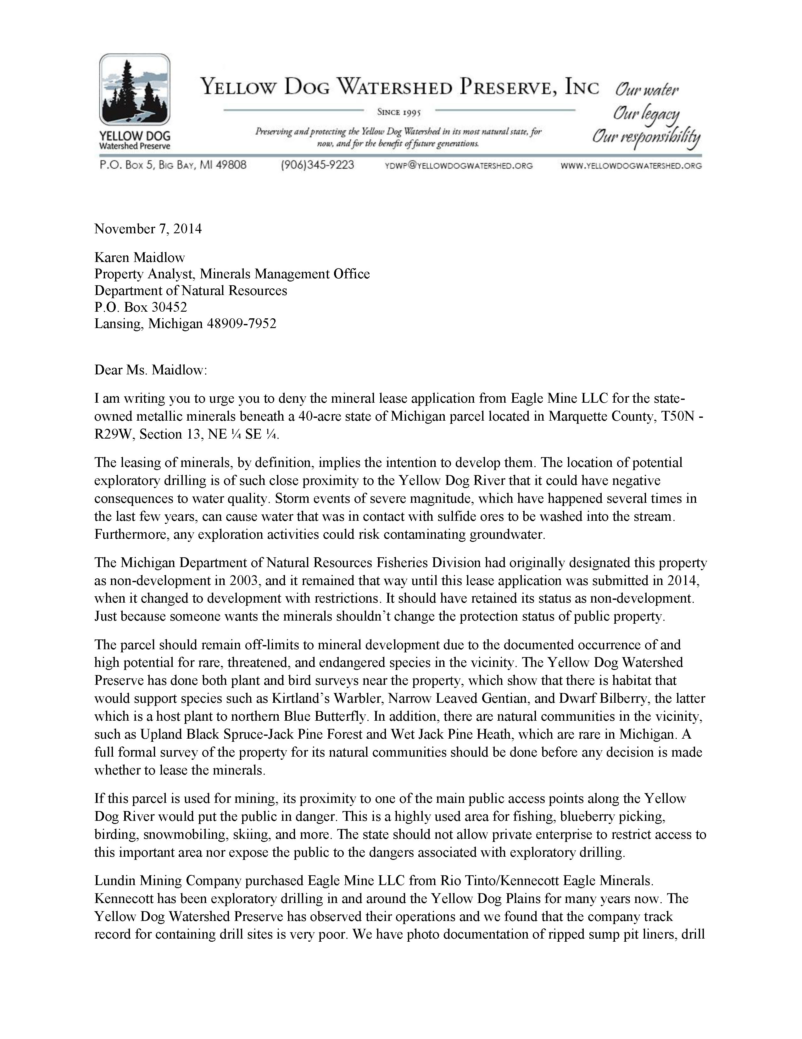 Minerals Lease sign on letter directed to DNR Minerals Management Office for new lease application for minerals adjacent to Yellow Dog River.